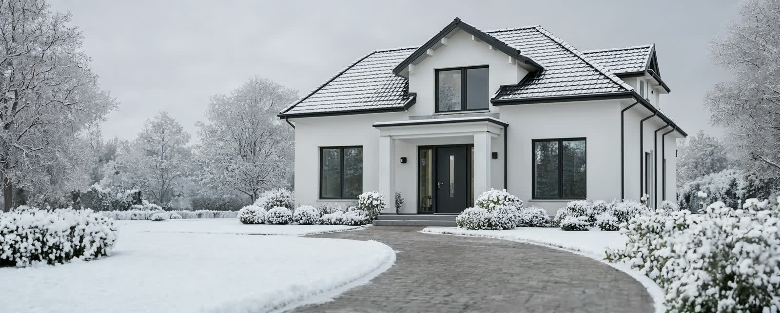 Haus im Winter mit geräumtem Gehweg